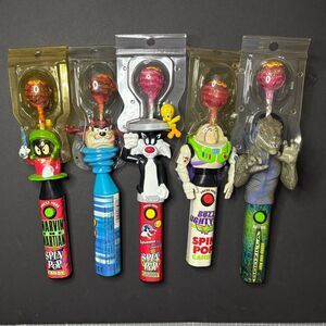 Vintage SPIN POP Candy Toys (5) - Looney Tunes, Toy Story, & Godzilla.